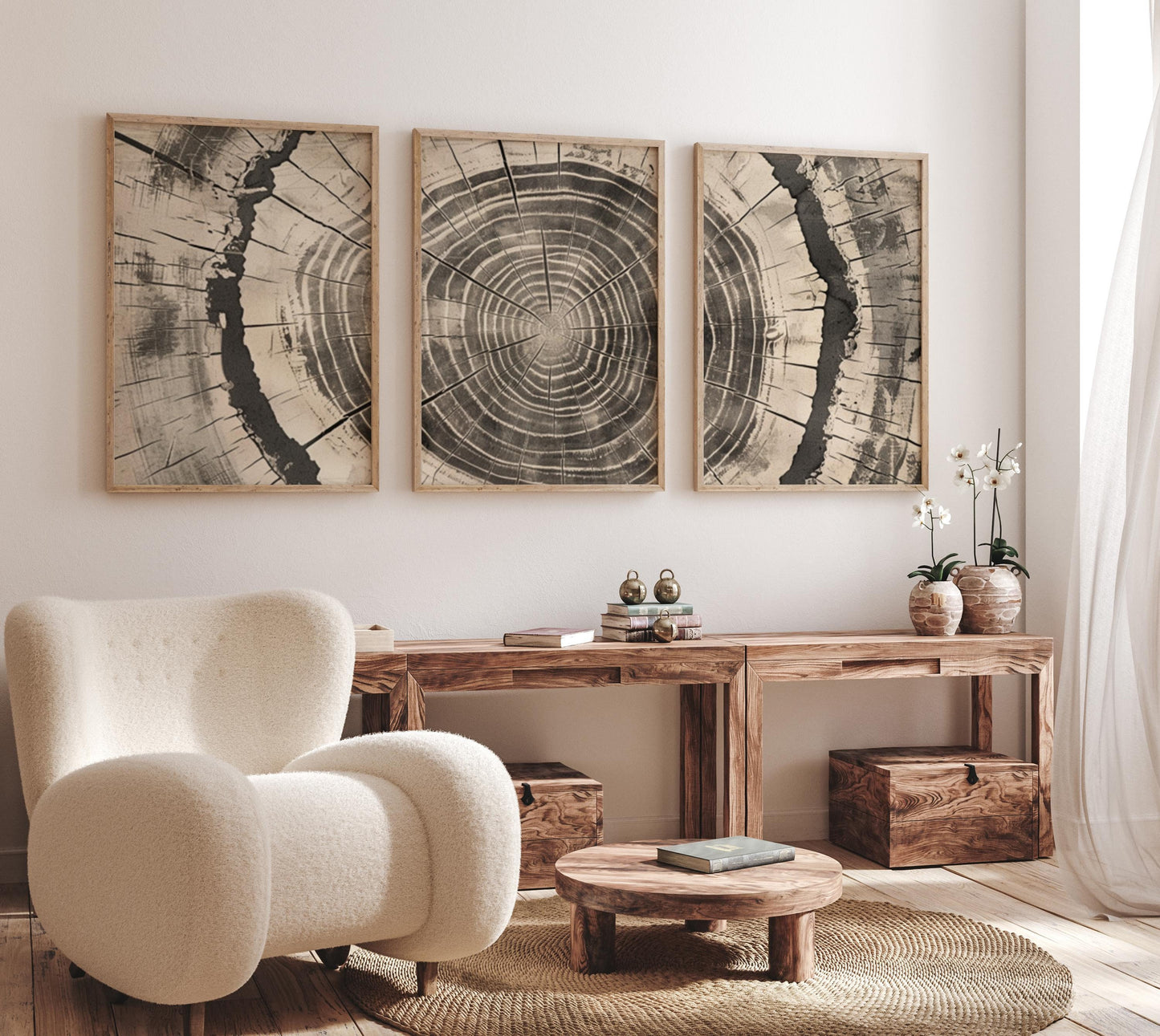 Modern Wall Art Set of 3 Oak Wood