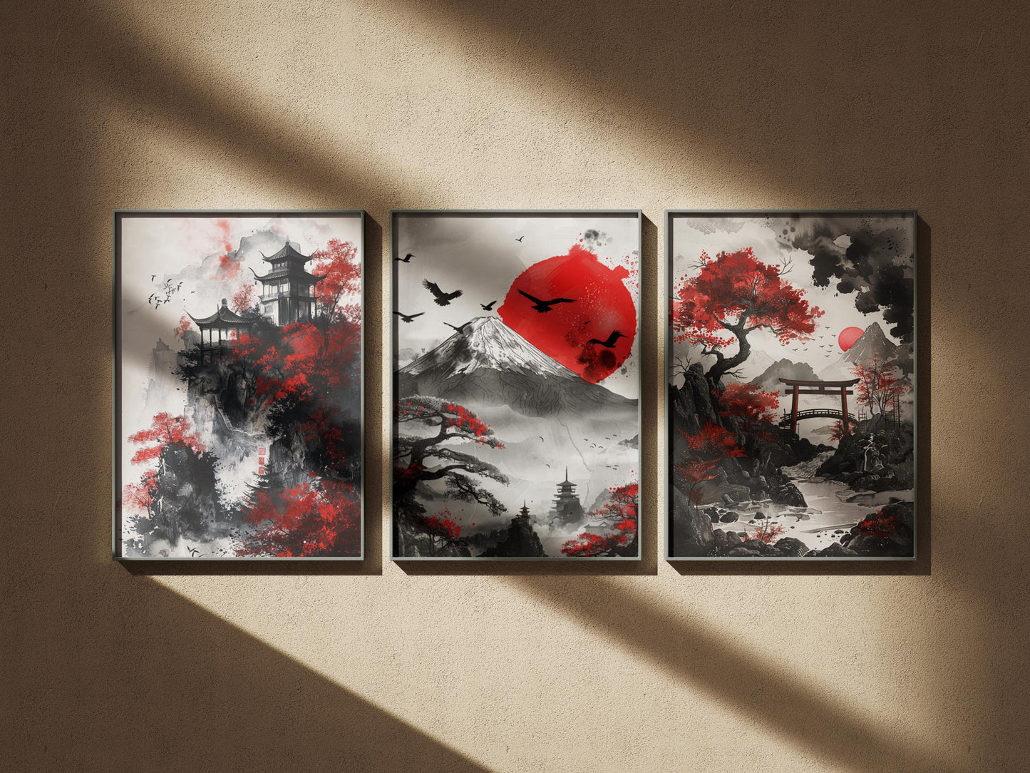 30Japanese Landscape Wall Art, Red black and white Mountain Tree Canvas, Japanese inspired wall art, Mount Fuji wall art decor, Japan Art