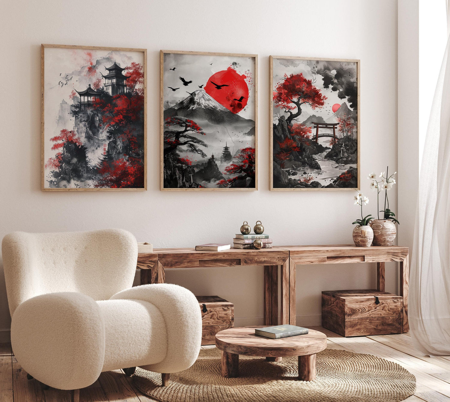 30Japanese Landscape Wall Art, Red black and white Mountain Tree Canvas, Japanese inspired wall art, Mount Fuji wall art decor, Japan Art